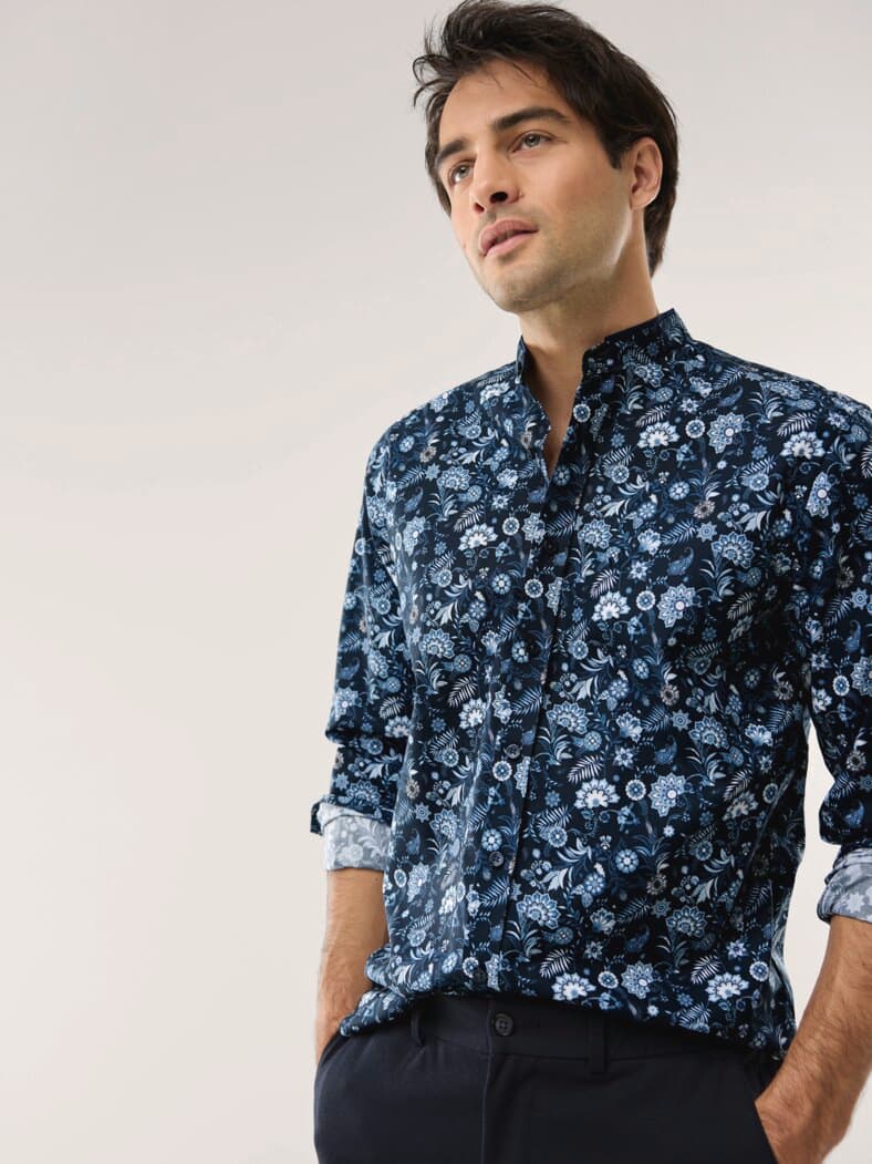 Extraglatt-Stehkragen-Hemd Druck Marine