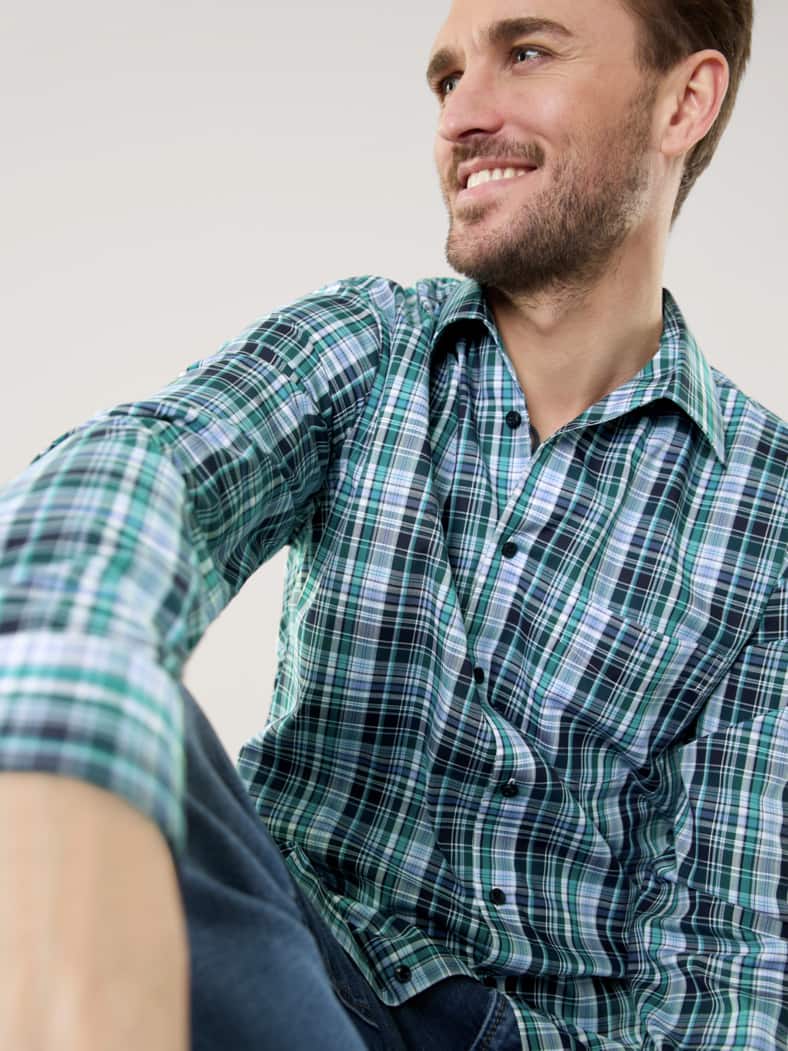 Extraglatt-Hemd Walbusch-Kragen Karo Lagune/Blau