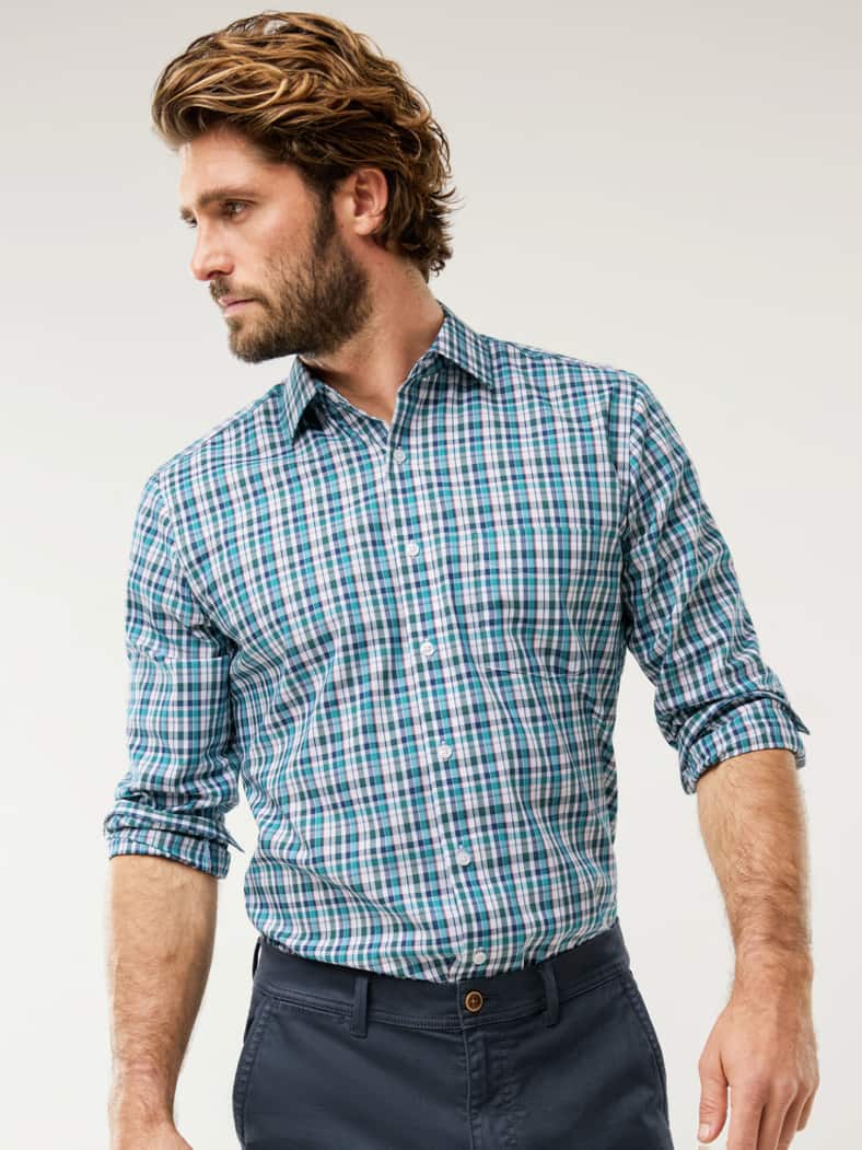 Extraglatt-Hemd Kent-Kragen Lagune kariert