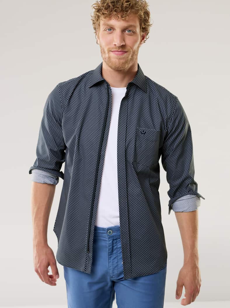 Extraglatt-Hemd Zip & Go Druck Marine