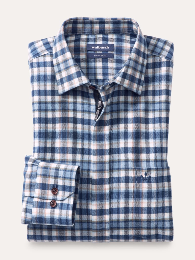 Soft-Flanell-Hemd Zip & Go Karo Marine