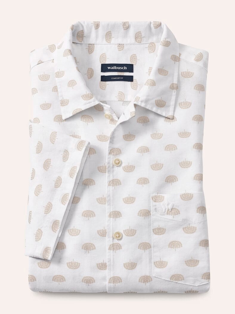 Leinen-Mix Revers-Kragen-Hemd Druck Weiß