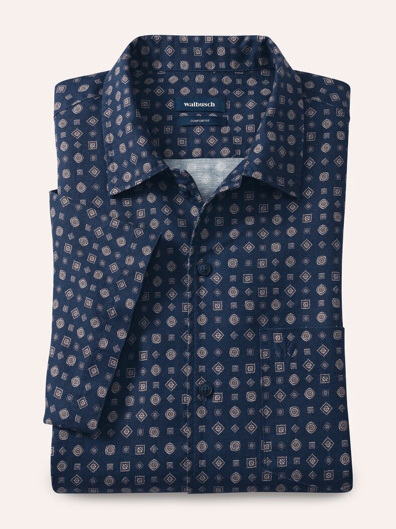 Leinen-Mix Revers-Kragen-Hemd Druck Marine