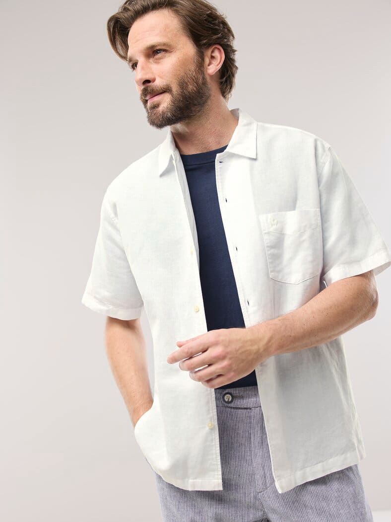 Leinen-Mix Revers-Kragen-Hemd Weiß