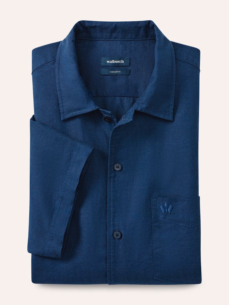 Leinen-Mix Revers-Kragen-Hemd Marine