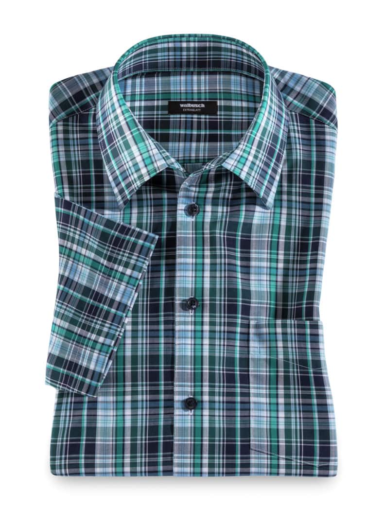 Extraglatt-Hemd Walbusch-Kragen Karo Lagune/Blau