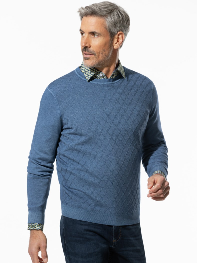 Strukturpullover Merino Extrafein Mittelblau