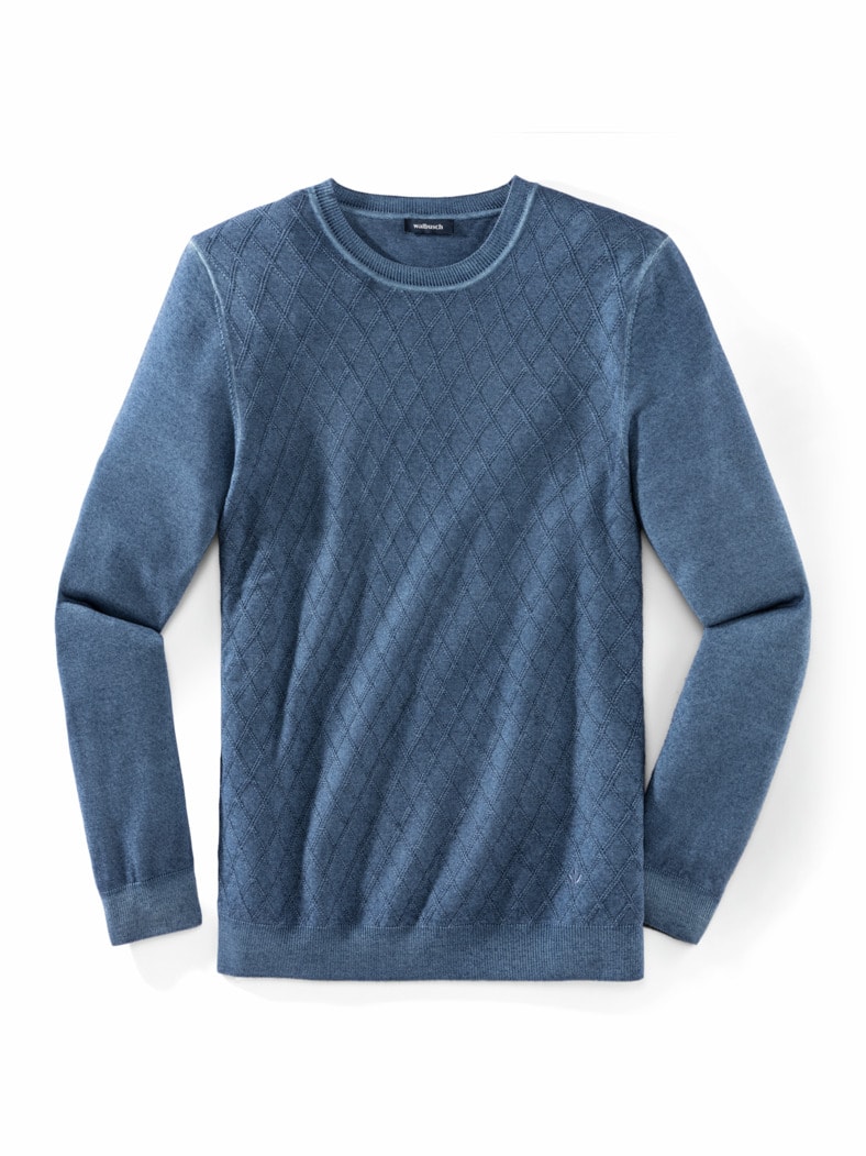 Strukturpullover Merino Extrafein Mittelblau