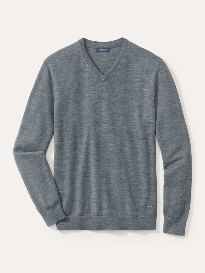 V-Pullover Merino Extrafein Grau Melange