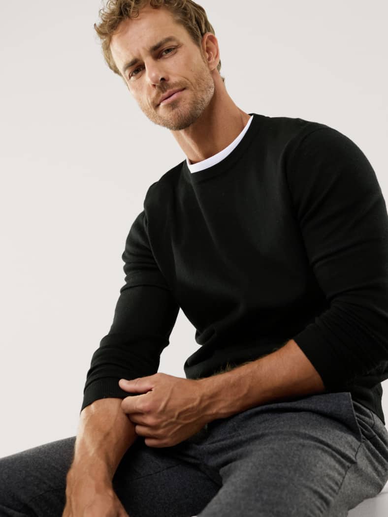 Rundhals-Pullover Merino Extrafein Schwarz