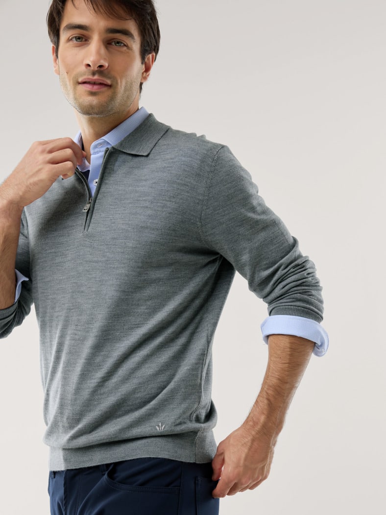 Polo-Pullover Merino Extrafein Grau Melange