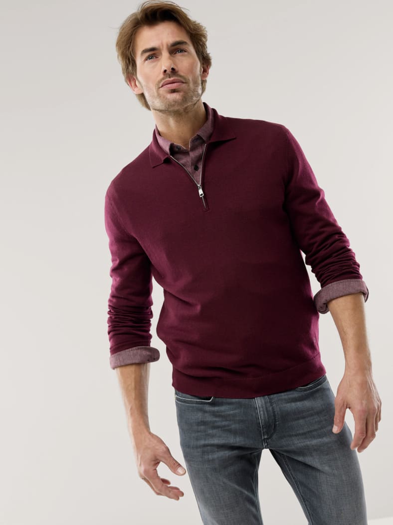 Polo-Pullover Merino Extrafein Bordeaux