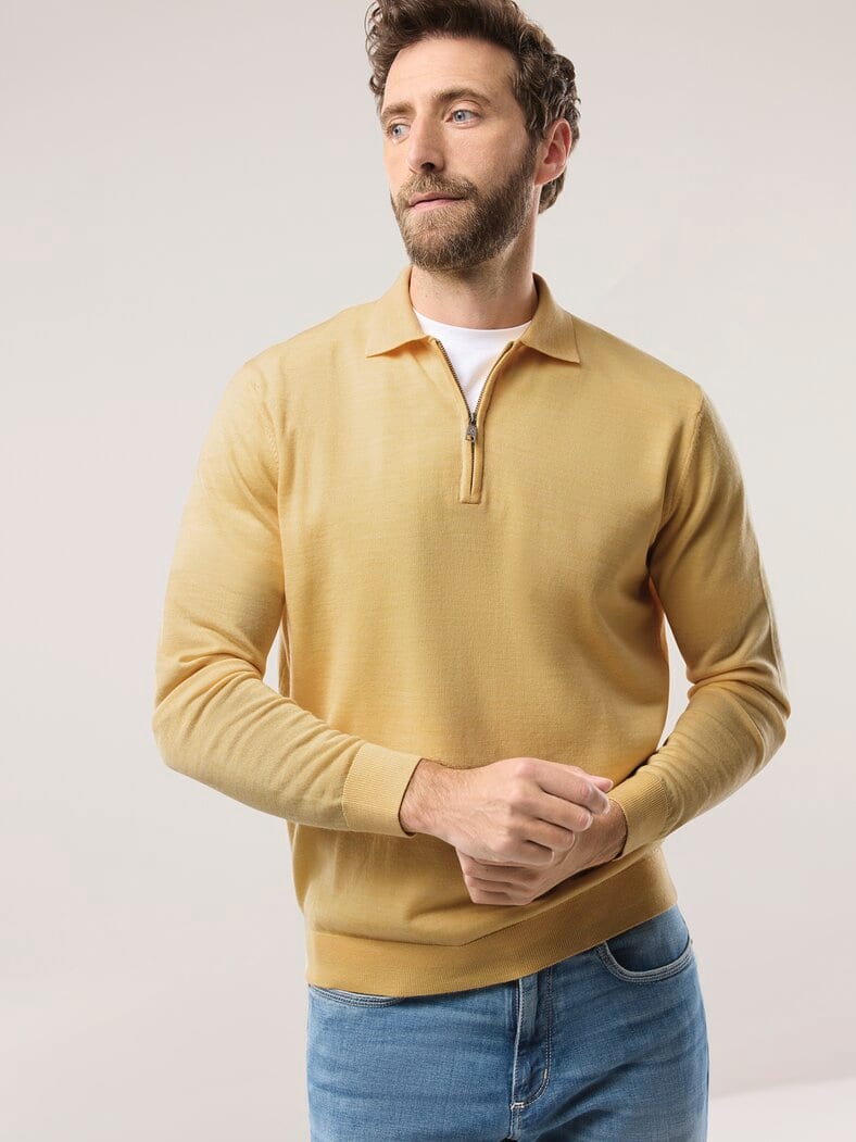 Polo-Pullover Merino Extrafein Zitronengelb