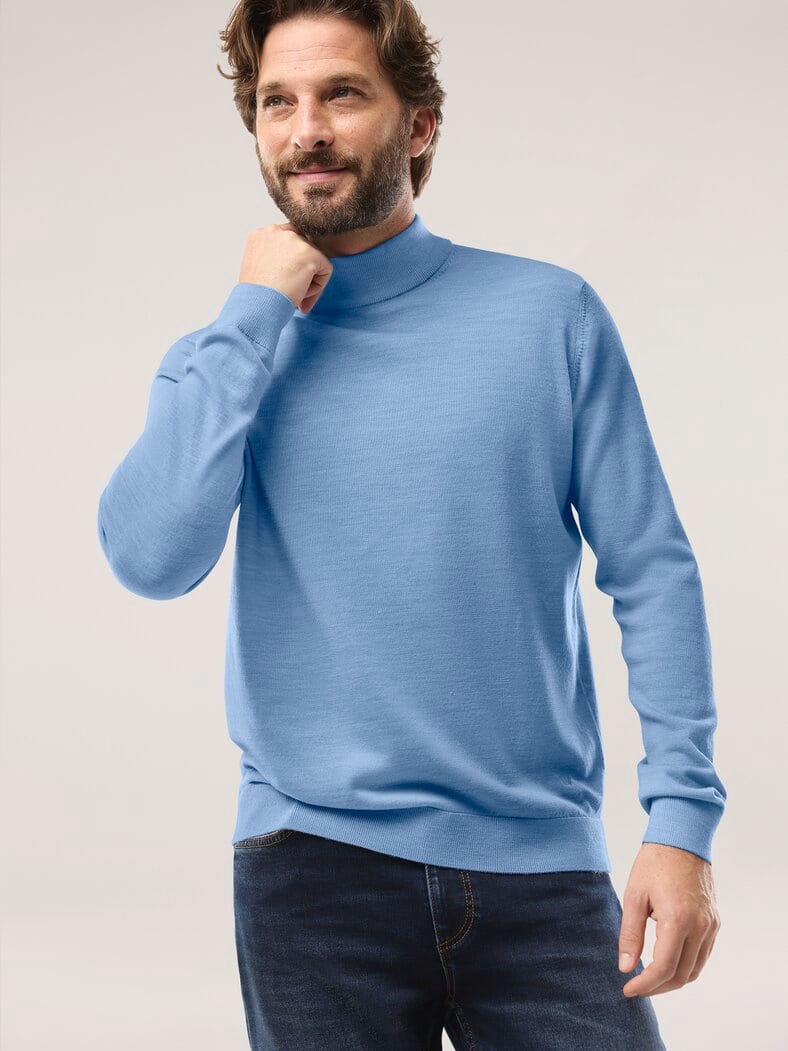 Stehbund-Pullover Merino Extrafein Hellblau
