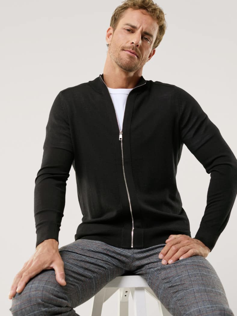 Zip-Strickjacke Merino Extrafein Schwarz