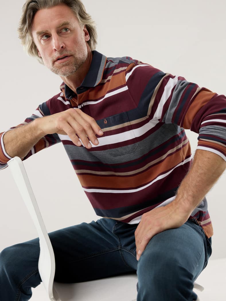 Extraglatt-Polo Thermoleicht Streifen Bordeaux