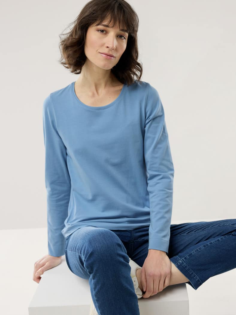 Baumwoll-Basic-Shirt Langarm Jeansblau
