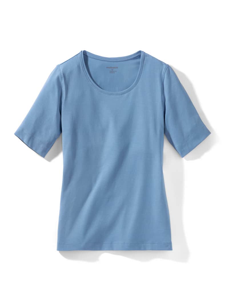 Baumwoll-Basic-Shirt Halbarm Jeansblau