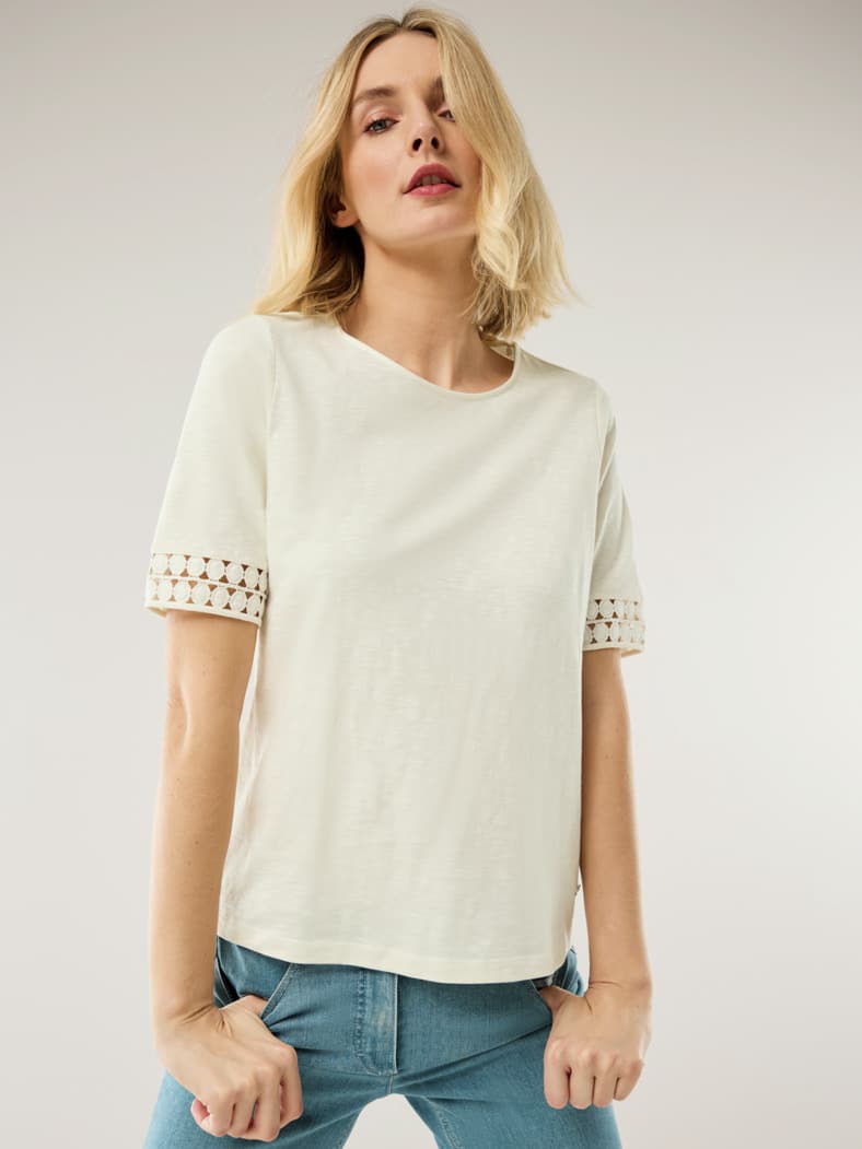 Baumwollshirt Dekospitze Offwhite