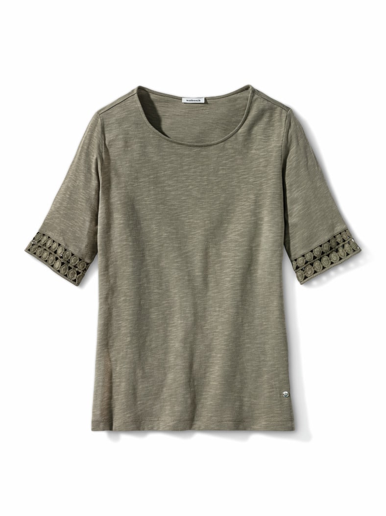 Baumwollshirt Dekospitze Khaki