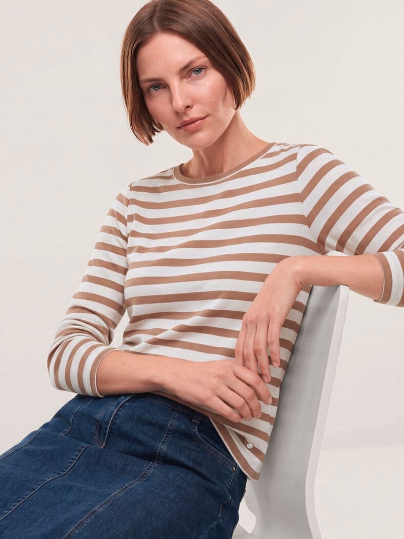 Baumwollshirt mit Ringel Creme/Praline