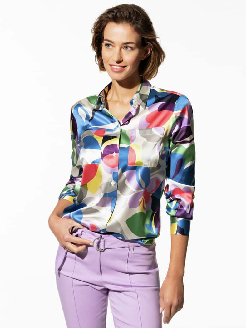 Seiden-Hemdbluse Edel-Basic Blau Gemustert