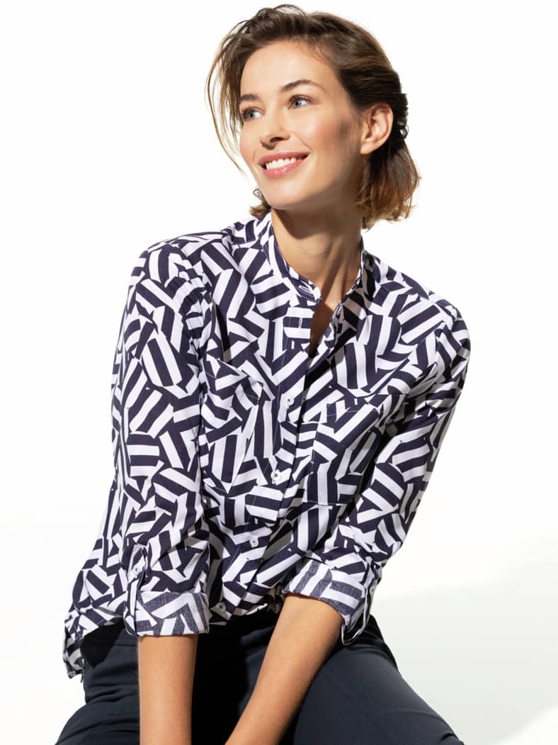 Extraglatt-Bluse Stehkragen Grafik Marine