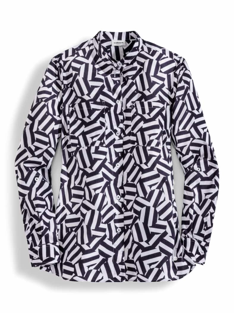 Extraglatt-Bluse Stehkragen Grafik Marine