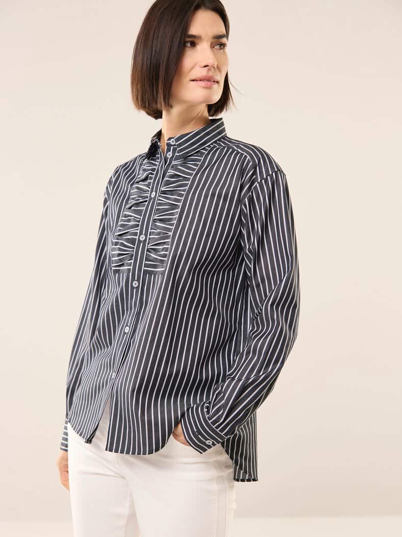 Hemdbluse mit Falteneinsatz Streifen Marine