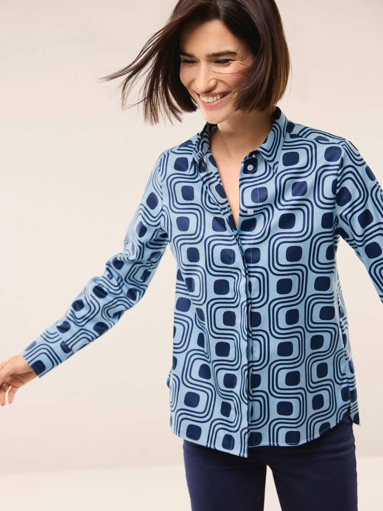 Baumwollbluse mit langer Manschette Grafik Skyblue