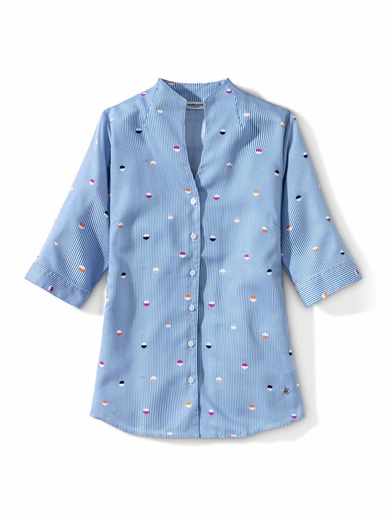 Extraglatt-Bluse Kelchkragen Tupfen Königsblau