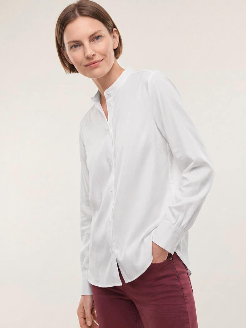Bluse mit Stehkragen Baumwollsatin Weiß