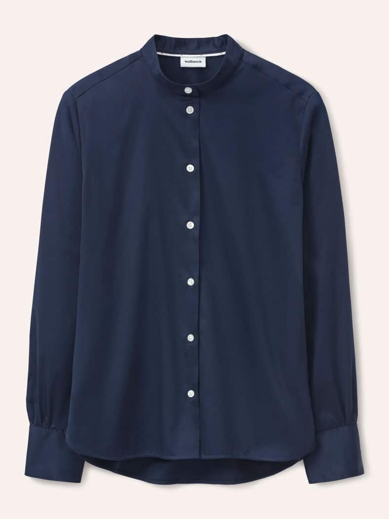 Bluse mit Stehkragen Baumwollsatin Uni Nachtblau