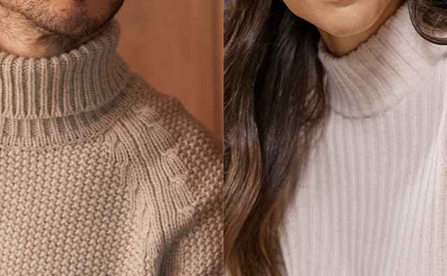 Links Zoomaufnahme eines Herren Pullovers, rechts eines Damen Pullovers.