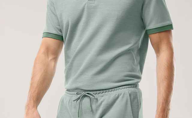 Ein Mann trägt ein Poloshirt in der Farbe Salbei mit den passenden Shorts.