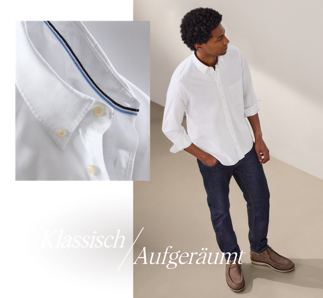 Mann in weißem Hemd und Jeans, steht auf cremefarbenem Boden. Nahaufnahme des Hemdkragens, Text: "Klassisch / Aufgeräumt".