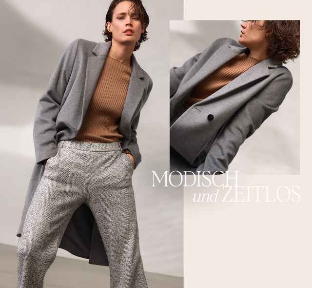 Frau in grauem Mantel und braunem Pullover, trägt modische, graue Hose; Text: "Modisch und zeitlos".